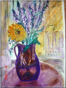 Napraforgó és vadvirágok lila kancsóban, papír, akvarell, 46x62cm