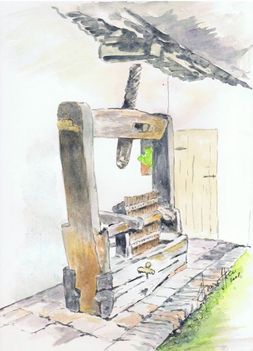 Felpéc  tájház- faprés Hargitai Beáta akvarelljén