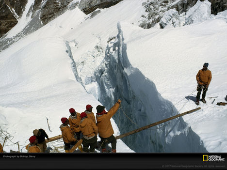 Crossing A Crevasse, Early Everest Expeditions