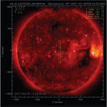 A Hinode mesterséges hold titanium-polyimide szűrőn keresztül készített röntgenfelvétele a Napról.