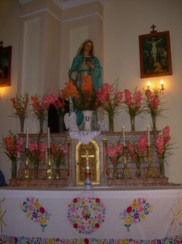 Mária oltár rózsaszín kardvirágokkal
