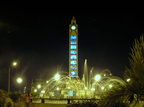 Pucallpa Plaza San Martín Fountain by night.