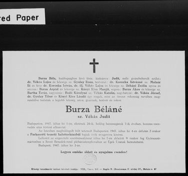 Burza Béláné gyászjelentése