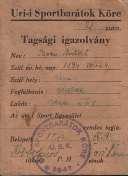 Uri Sportbarátok Köre Tagsági igazolvány, előlap, 1947.