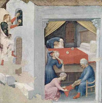 Gentile da Fabriano  Szent Miklós pénzeszacskót dob be a szegények ablakán
