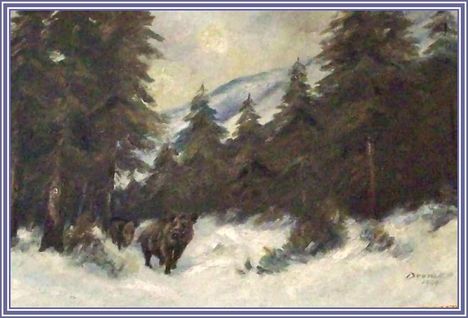 Dvorák Ottó - Téli fenyves vaddisznókkal ( (~55x75 cm.)