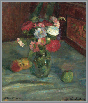 P. Bak János - Őszirózsás csendélet (50x42 cm.)
