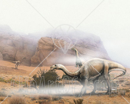 24408_clipart_photo_of_a_plateosaurus_and_one_coelophysis_dinosaurs_roaming_a_desert_landscape_with_rocky_mountains_and_fog