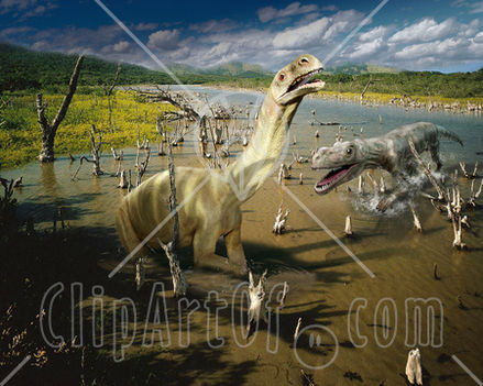 24409_clipart_photo_of_plateosaurus_and_ticinosuchus_dinosaurs_battling_it_out_in_a_stream_with_tree_stumps