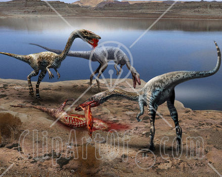 24411_clipart_photo_of_a_herd_of_coelophysis_dinosaurs_dining_on_a_bloody_kill_on_the_shore_of_a_lake