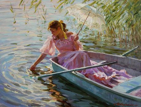 csónakázó hölgy napernyővel