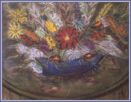 Révész István - Virágok kék tálban (48,5x63 cm.)