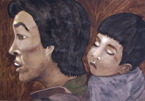 Anya gyermekével - háborús inspráció  - akvarell 42 x 30
