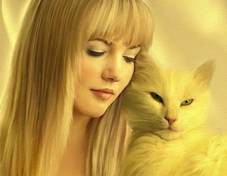 Pretty woman with white cat...