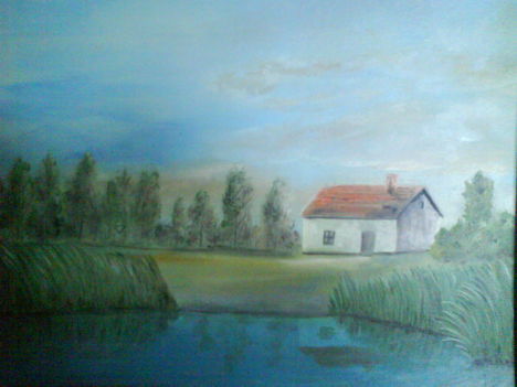 Tópart házzal (Olaj-francia vászon-40x30 cm)