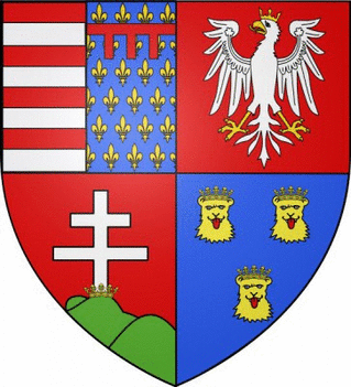 Nagy Lajos címere, amely egyesíti a liliomos Anjou-címert, a Magyar és a Lengyel Királyság, valamint Dalmácia címerét