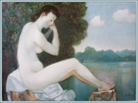 Molnár C. Pál - Vízparton ülő akt (60,5 x 80 cm.)