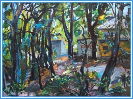 Orosz Gellért - Fák mögötti házak (60 x 80 cm.)