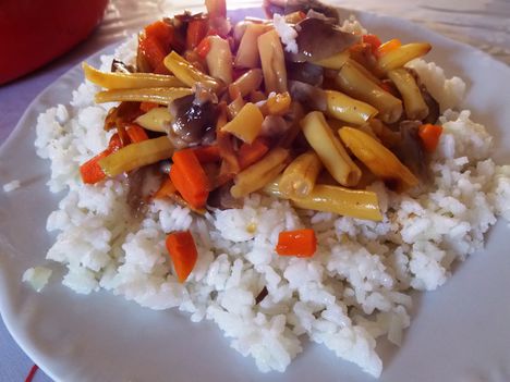 Friss gombás rizs, zöldséges.