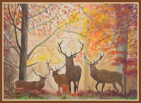 Szarvasok az őszi erdőn 43x58,5 cm farostra kasírozott vászon, akril
