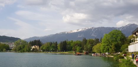 Lake of Bled with snowy mountains