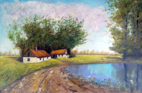 Alföldi tanya 40 x 60 cm. Olaj farost.