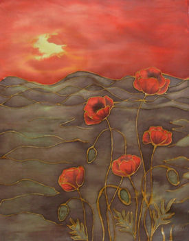 Pipacsok naplementében (selyem festmény)