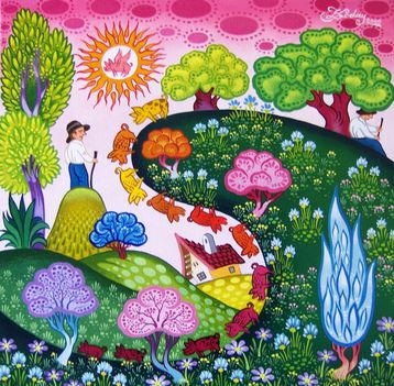 Malacok libasorban. Olaj-vászon, 45x45 cm