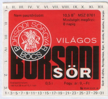 borsodi világos sör 9,00 ft