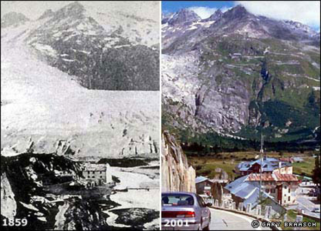 Rhone gleccser, Svájc, 1859 és 2001