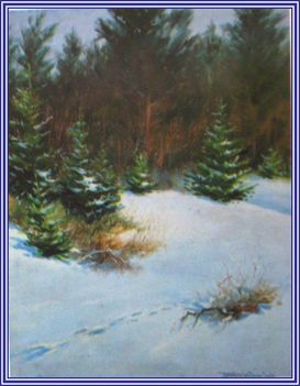 Mészáros Jenő - Hófedte fenyves (45x22 cm.)