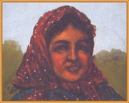 Pállya Celesztin - Lány pöttyös kendővel (9x11 cm.)